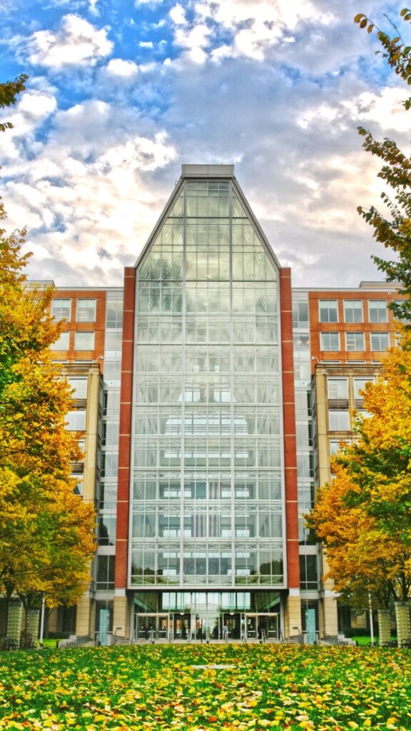 The office building of the US Patent and Trademark Office during early autumn.